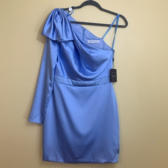 Ieena for MacDuggal NWT 1 Shoulder Long Sleeve Satin Cocktail Dress 8 FLAWS - Picture 3 of 11